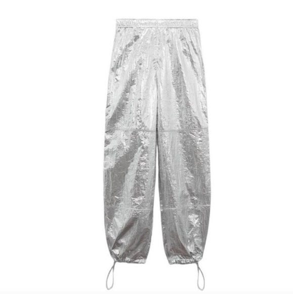 New Zara Shiny Metallic Silver Parachute Mid Rise Pants Trousers 8338/405 NWT XS - Picture 7 of 12